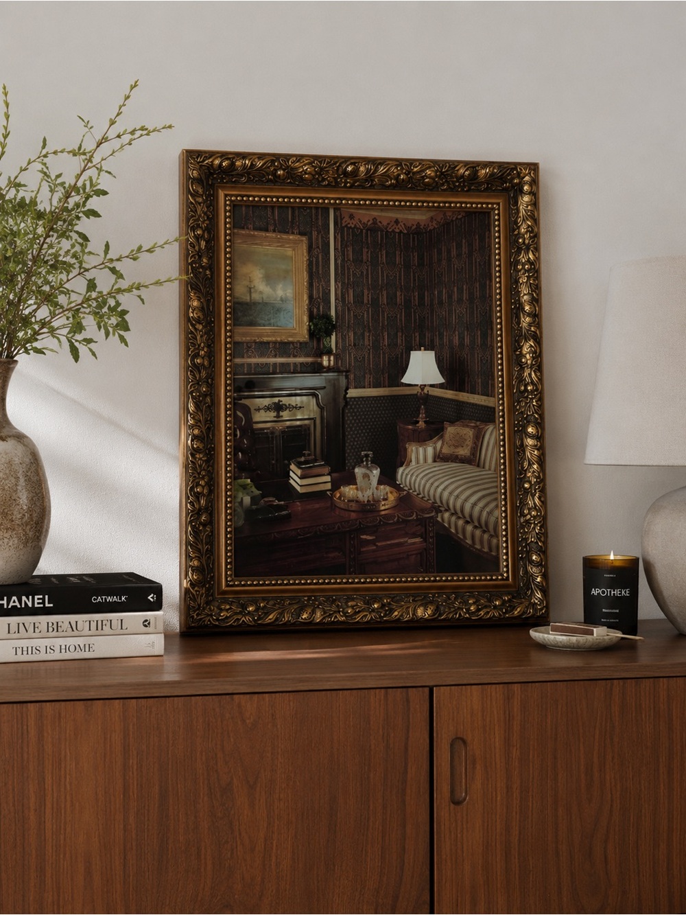 Vintage Style Ornate Wood Look Framed Wall Art with Glass | Decorative Print